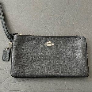 Coach pebble, black, leather double zipper wristlet